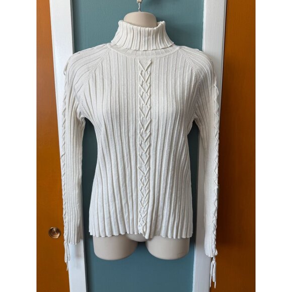 Cache Sweaters - Vintage Cache Womens Turtleneck Size M Ivory Ribbed w Braided Sleeves and Front